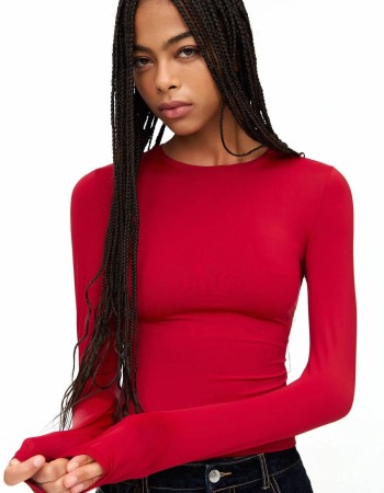Kırmızı Uzun Kollu Sıfır Rahat Yaka Micro Yumuşak Kumaş Kadın Body