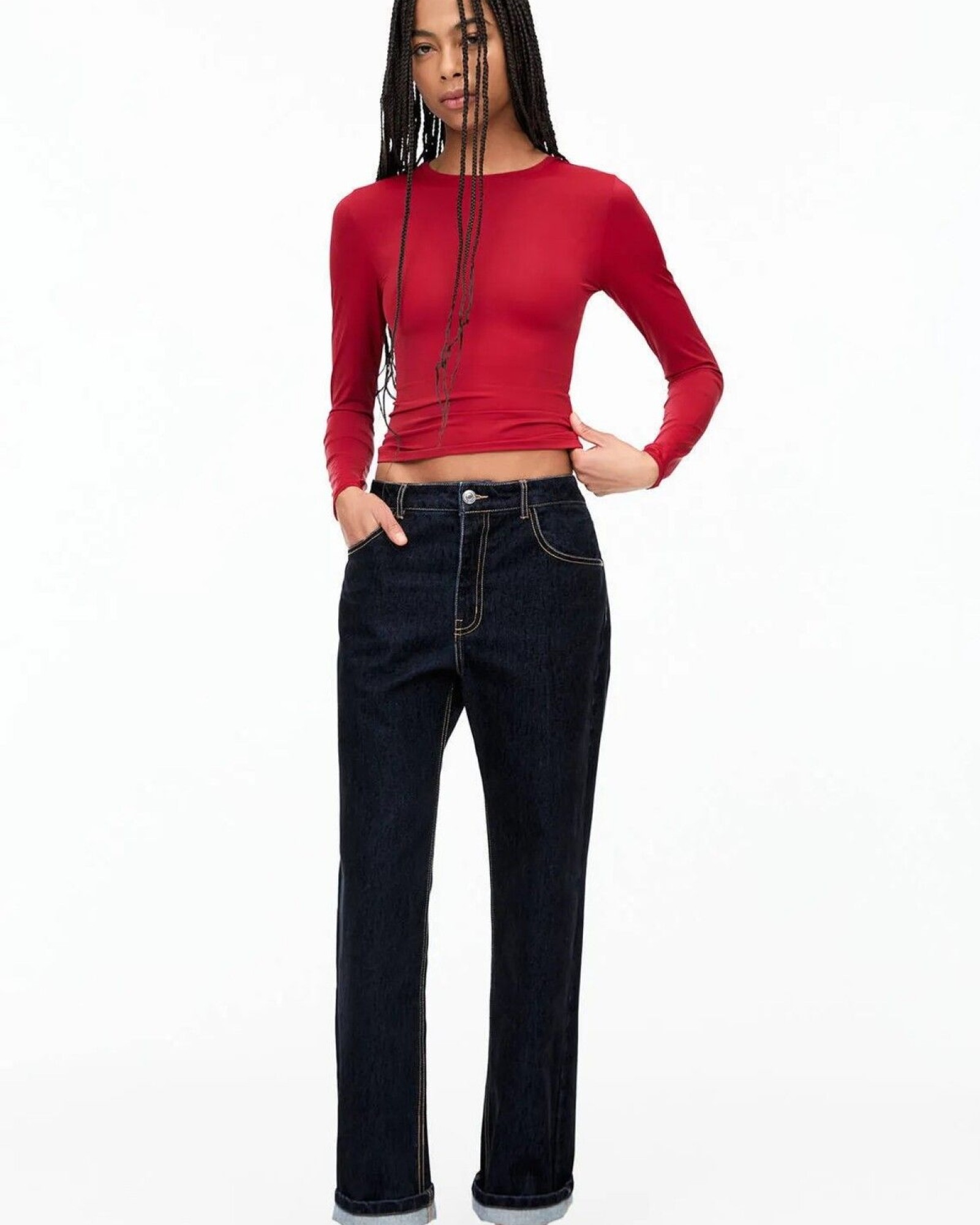 Kırmızı Uzun Kollu Sıfır Rahat Yaka Micro Yumuşak Kumaş Kadın Body