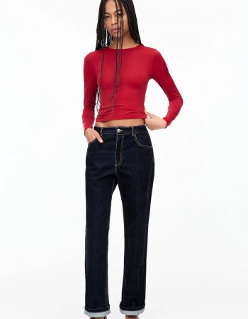 Kırmızı Uzun Kollu Sıfır Rahat Yaka Micro Yumuşak Kumaş Kadın Body