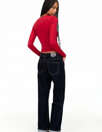 Kırmızı Uzun Kollu Sıfır Rahat Yaka Micro Yumuşak Kumaş Kadın Body