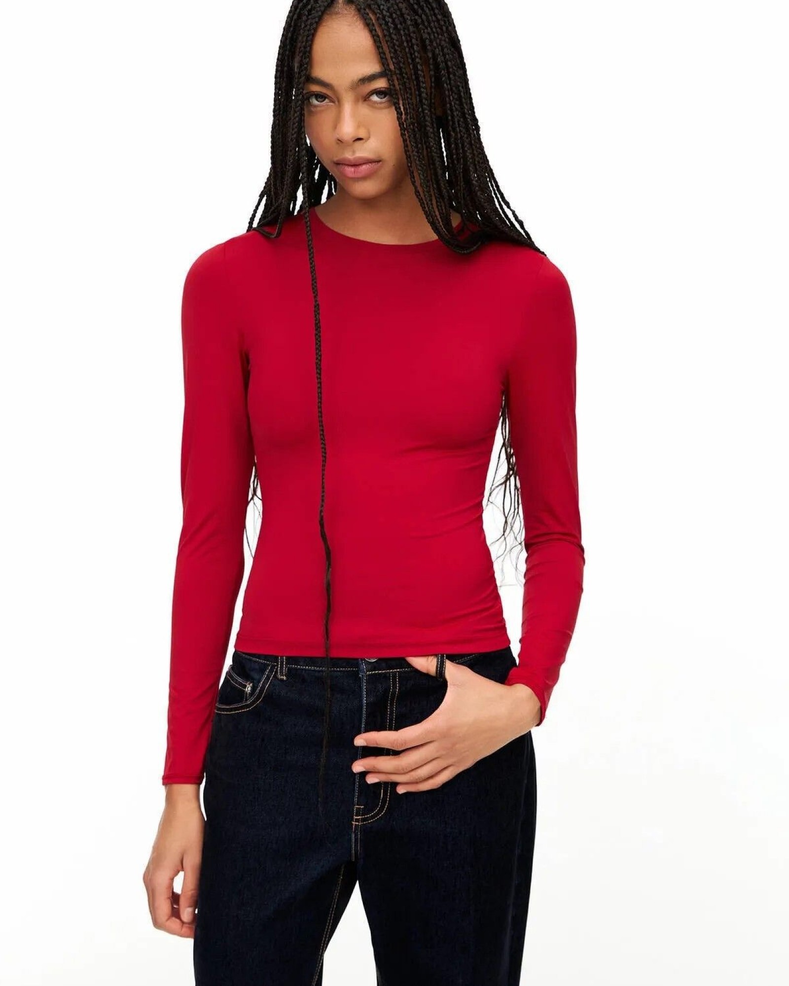 Kırmızı Uzun Kollu Sıfır Rahat Yaka Micro Yumuşak Kumaş Kadın Body