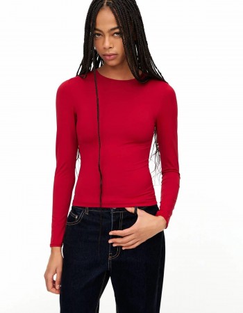 Kırmızı Uzun Kollu Sıfır Rahat Yaka Micro Yumuşak Kumaş Kadın Body