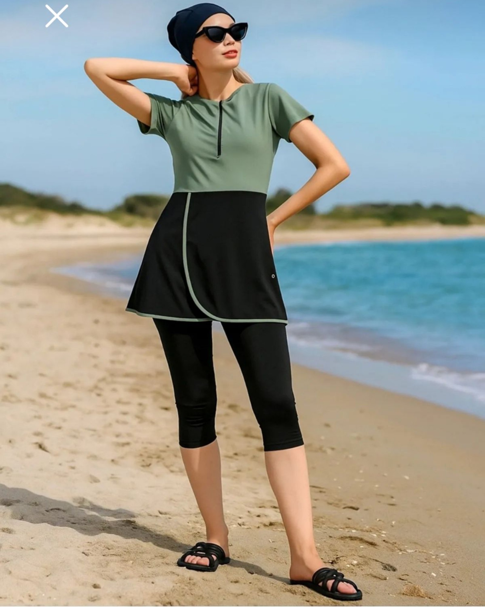 Yarım Fermuarlı Hızlı Kuruyan Kumaş Kısa Kollu Taytlı Kadın Mayo