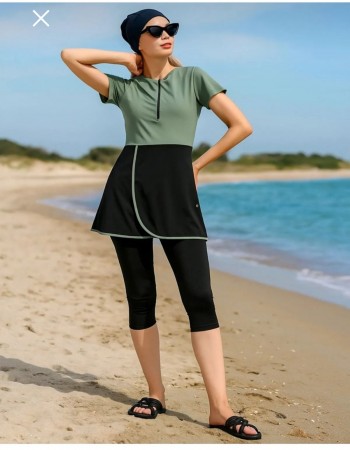 Yarım Fermuarlı Hızlı Kuruyan Kumaş Kısa Kollu Taytlı Kadın Mayo