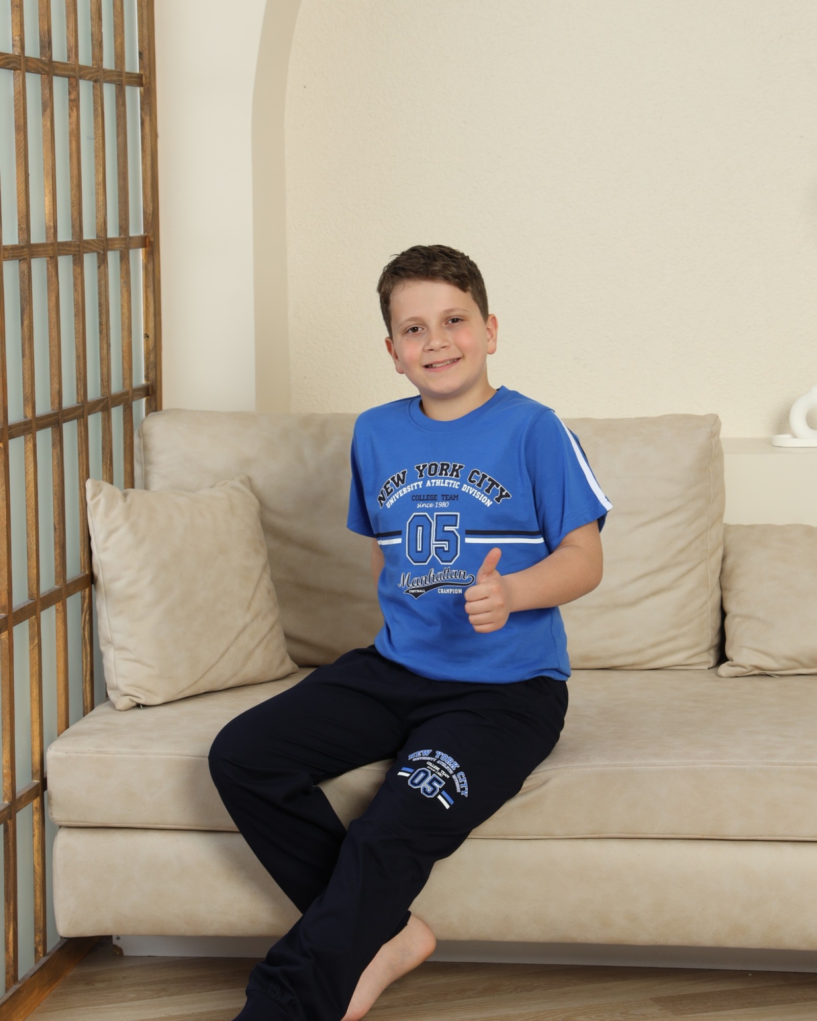Erkek Çocuk %100 Doğal Pamuk Kısa Kollu Kaprili Pijama Takımı