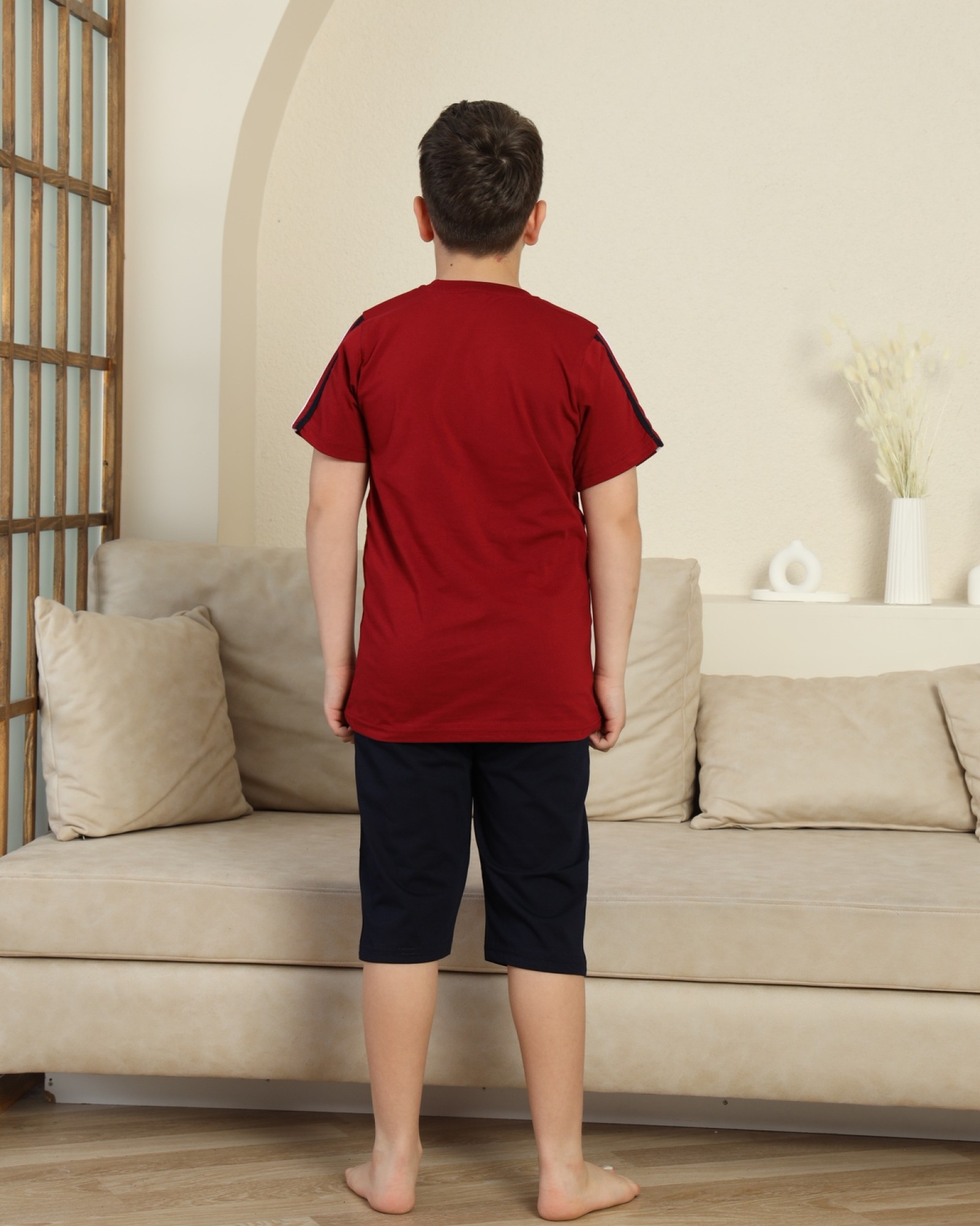 Erkek Çocuk %100 Doğal Pamuk Kısa Kollu Kaprili Pijama Takımı
