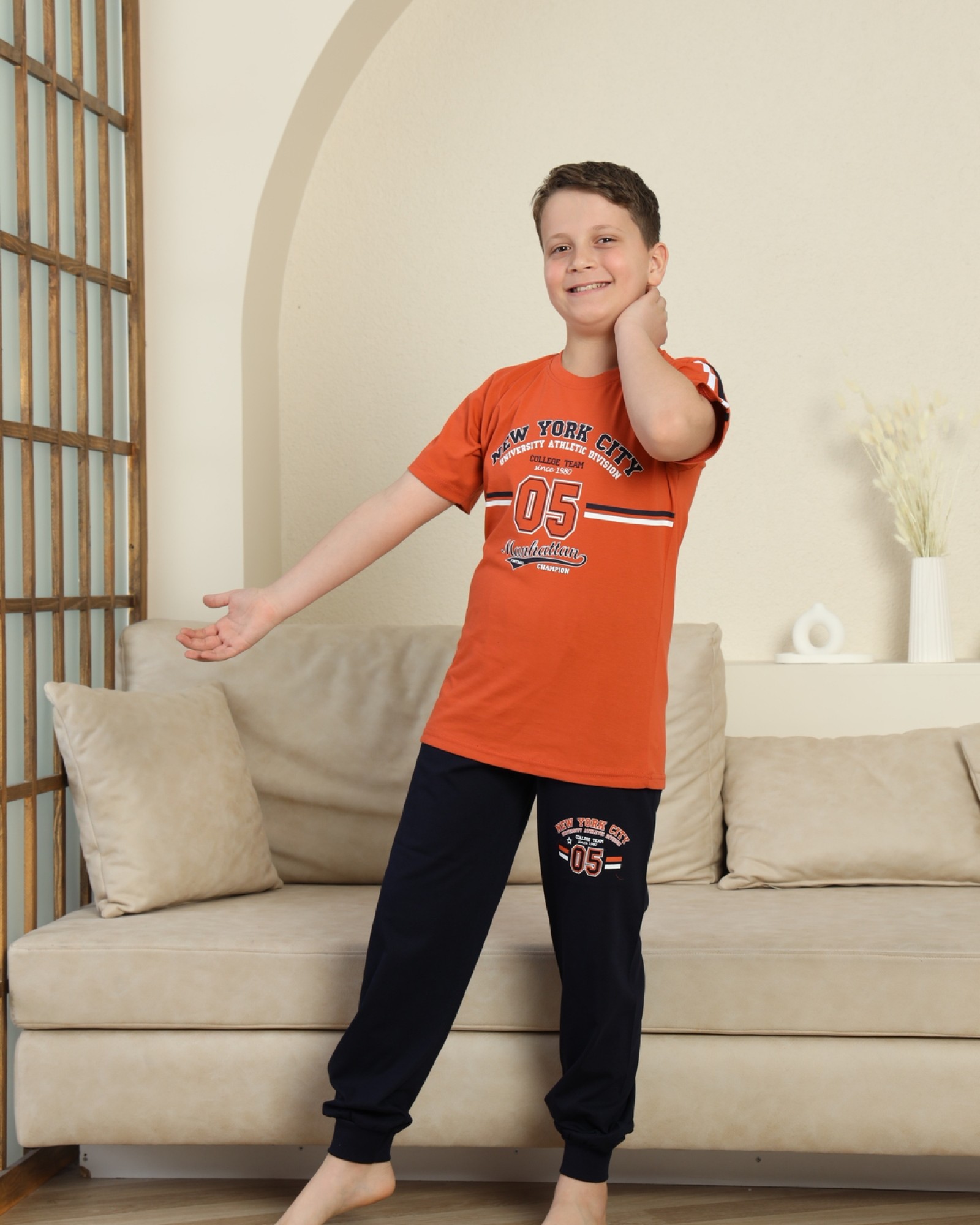 Erkek Çocuk %100 Doğal Pamuk Kısa Kollu Kaprili Pijama Takımı