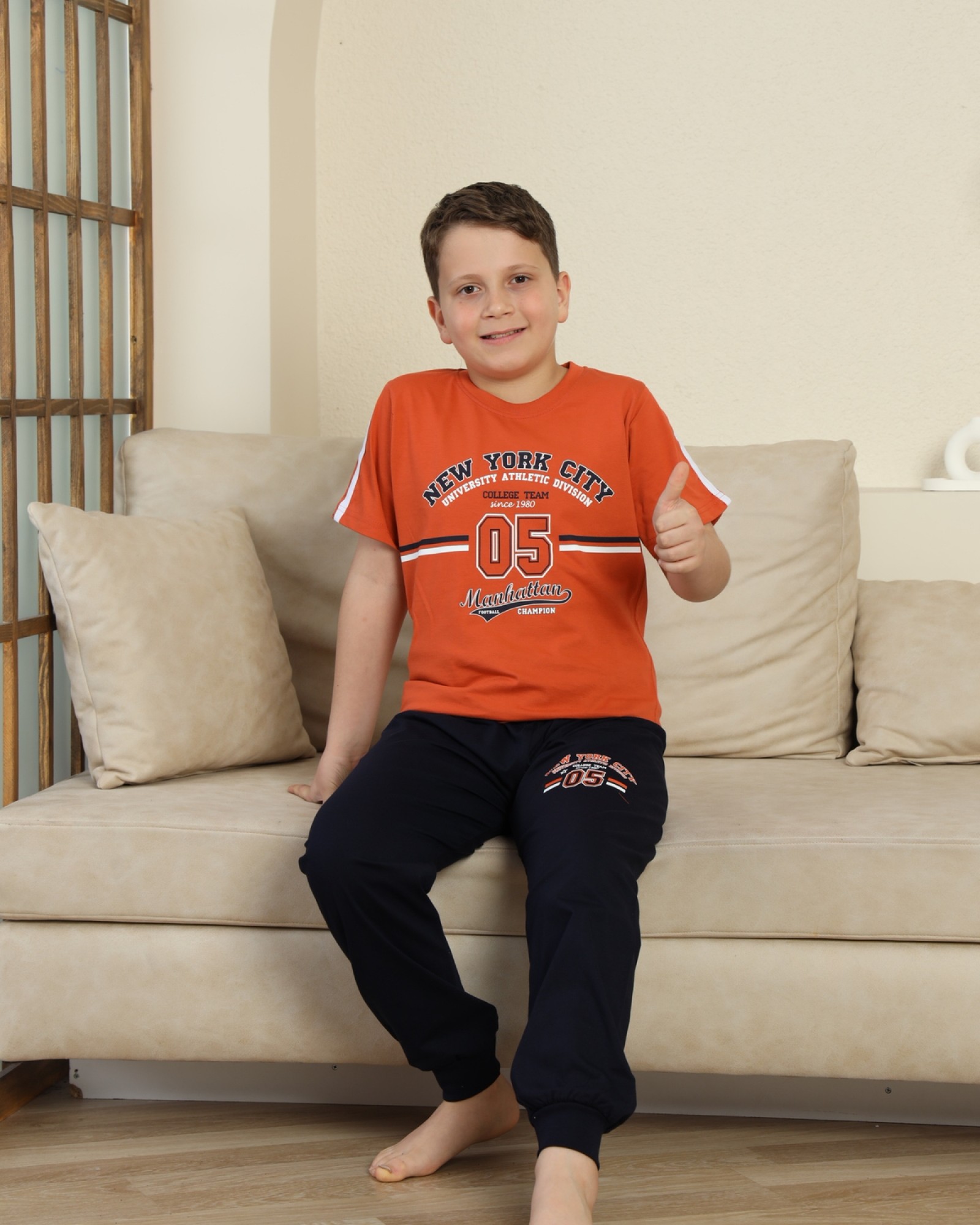 Erkek Çocuk %100 Doğal Pamuk Kısa Kollu Kaprili Pijama Takımı