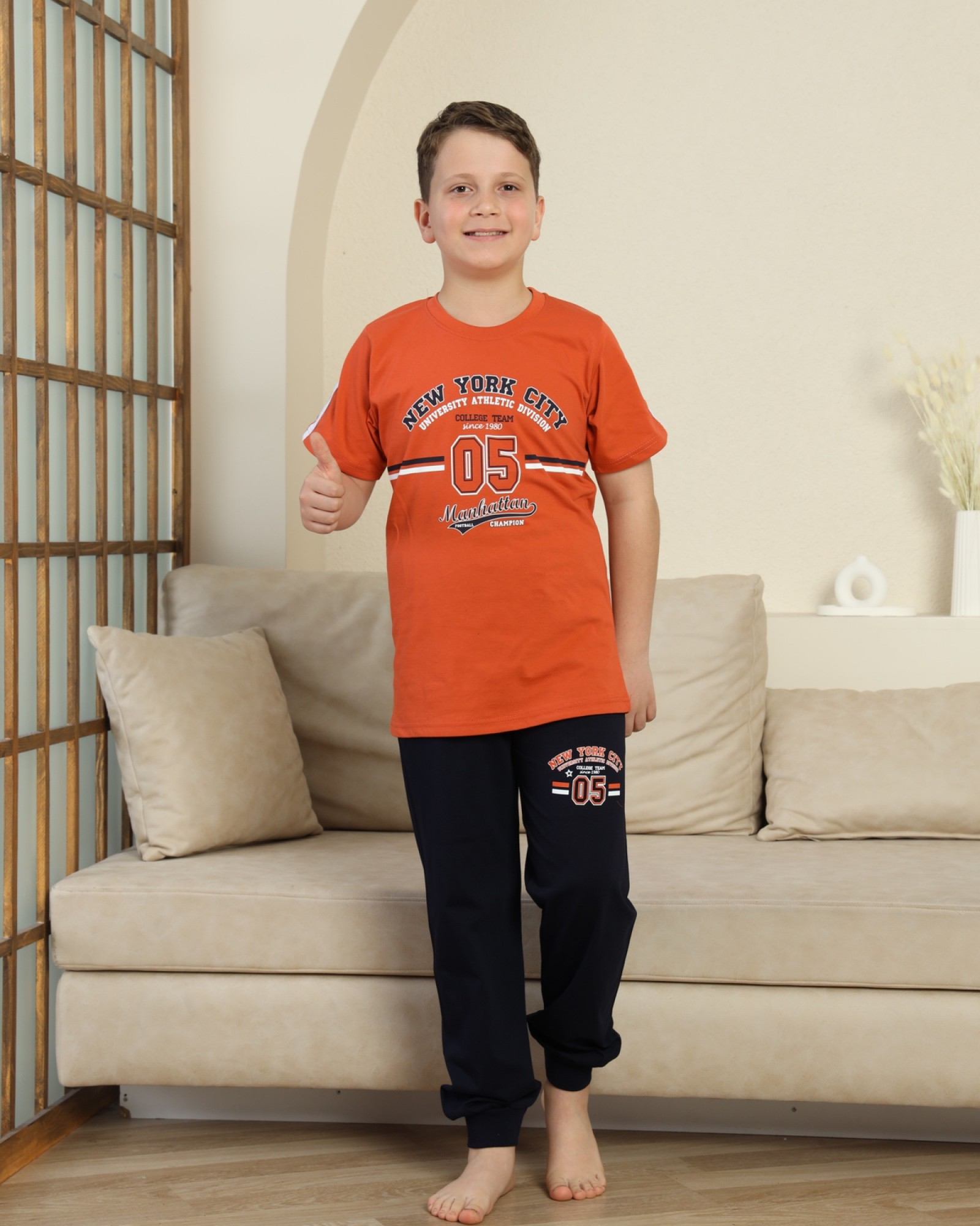 Erkek Çocuk %100 Doğal Pamuk Kısa Kollu Kaprili Pijama Takımı