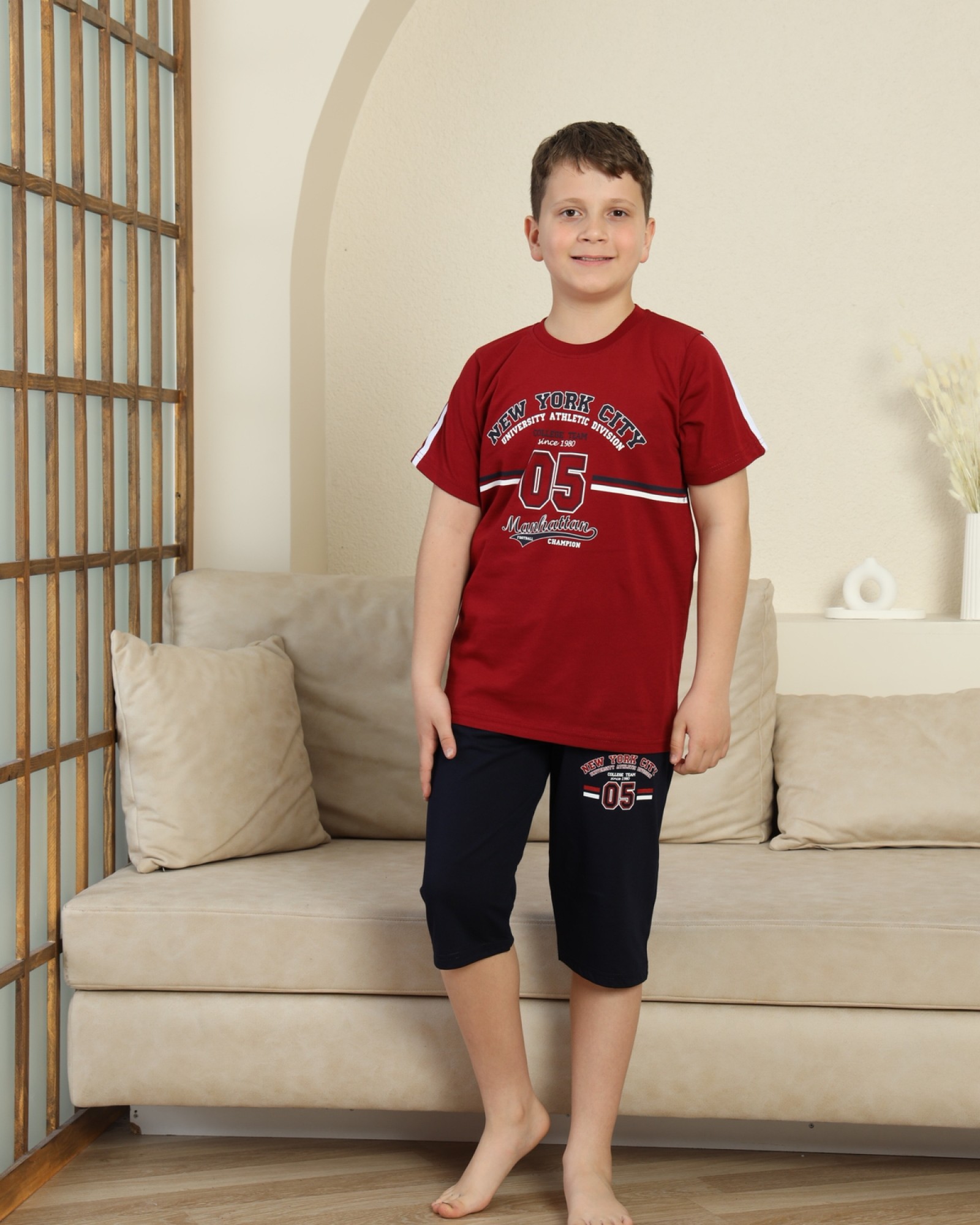 Erkek Çocuk %100 Doğal Pamuk Kısa Kollu Kaprili Pijama Takımı