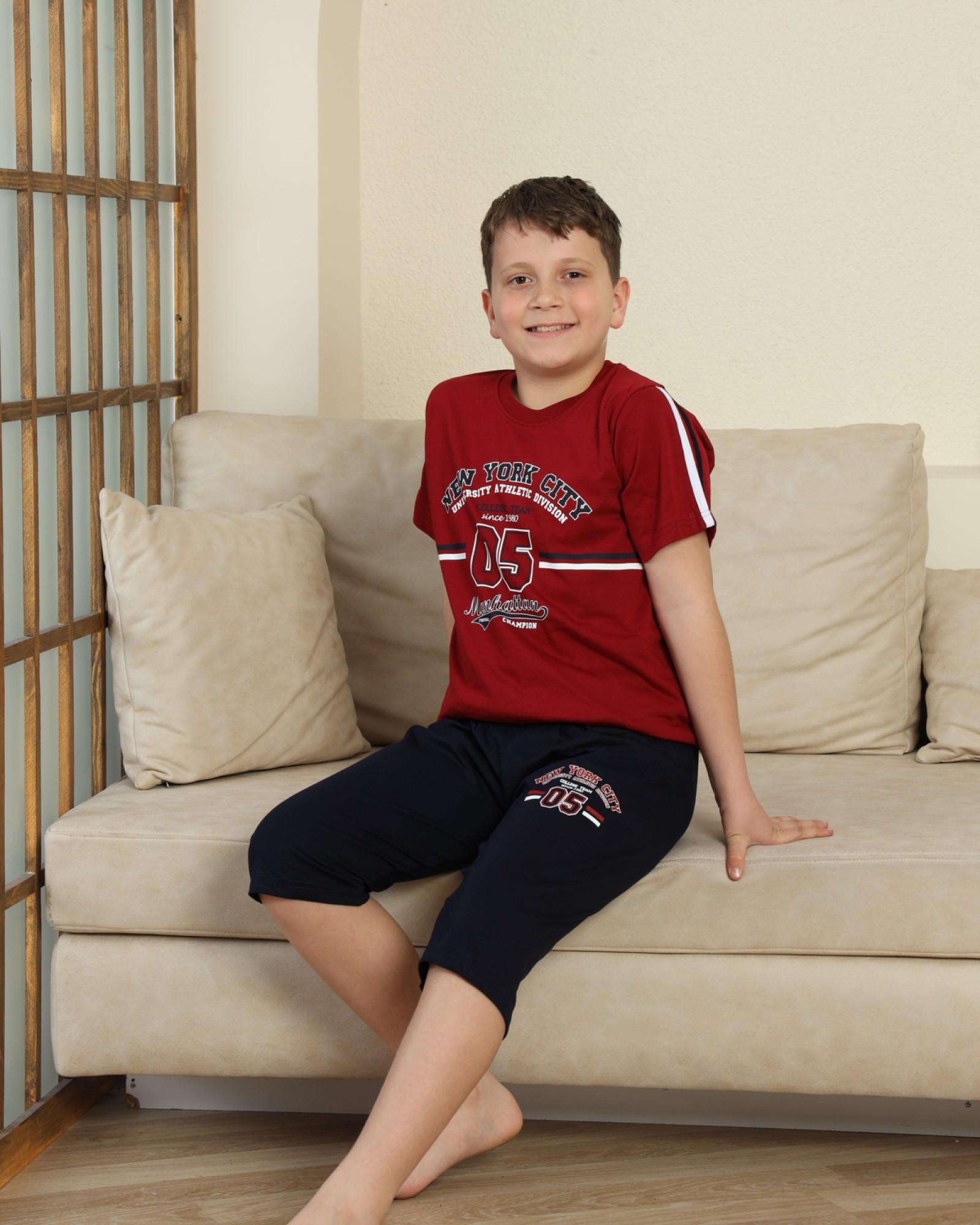 Erkek Çocuk %100 Doğal Pamuk Kısa Kollu Kaprili Pijama Takımı