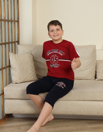 Erkek Çocuk %100 Doğal Pamuk Kısa Kollu Kaprili Pijama Takımı