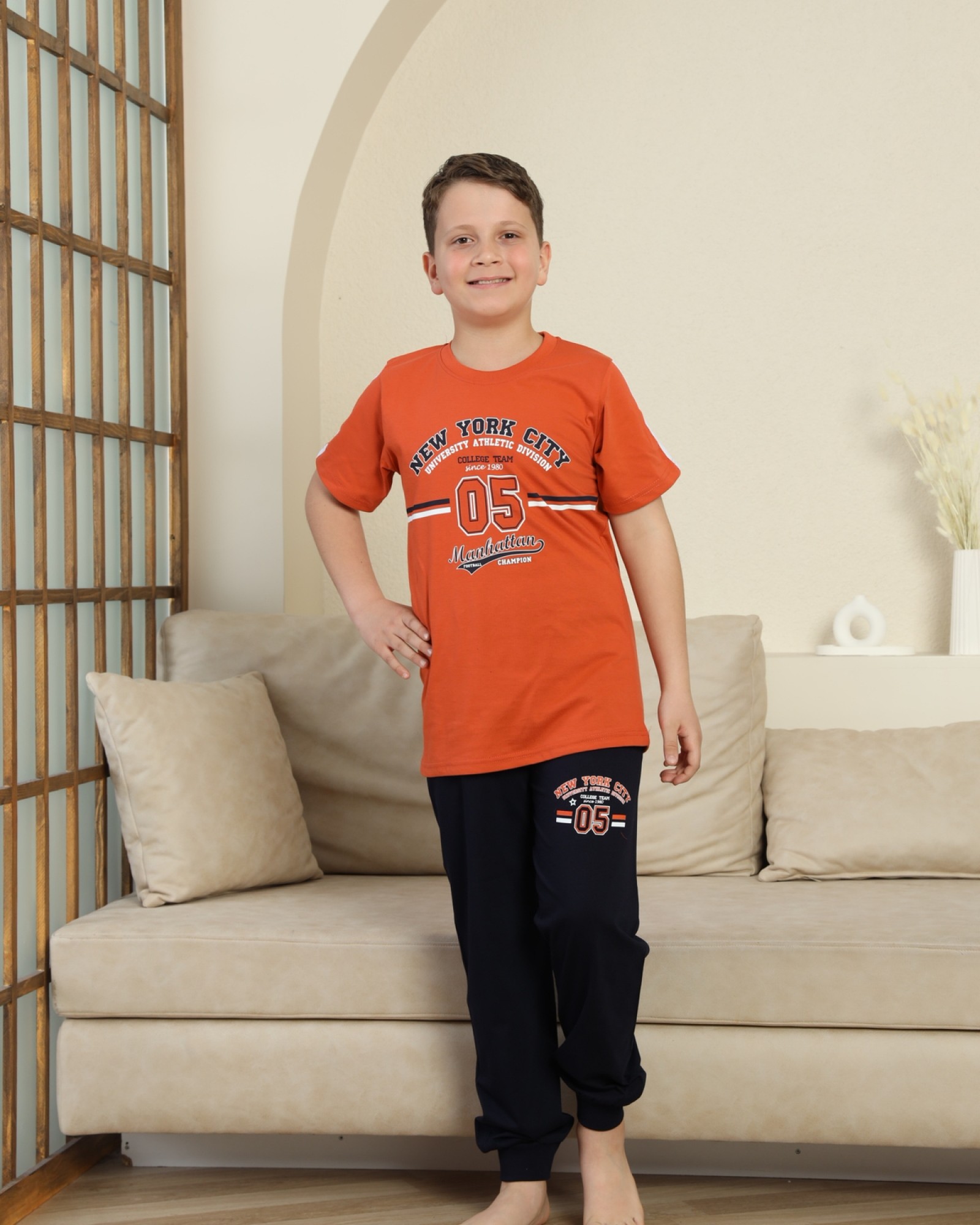 Erkek Çocuk %100 Doğal Pamuk Kısa Kollu Kaprili Pijama Takımı