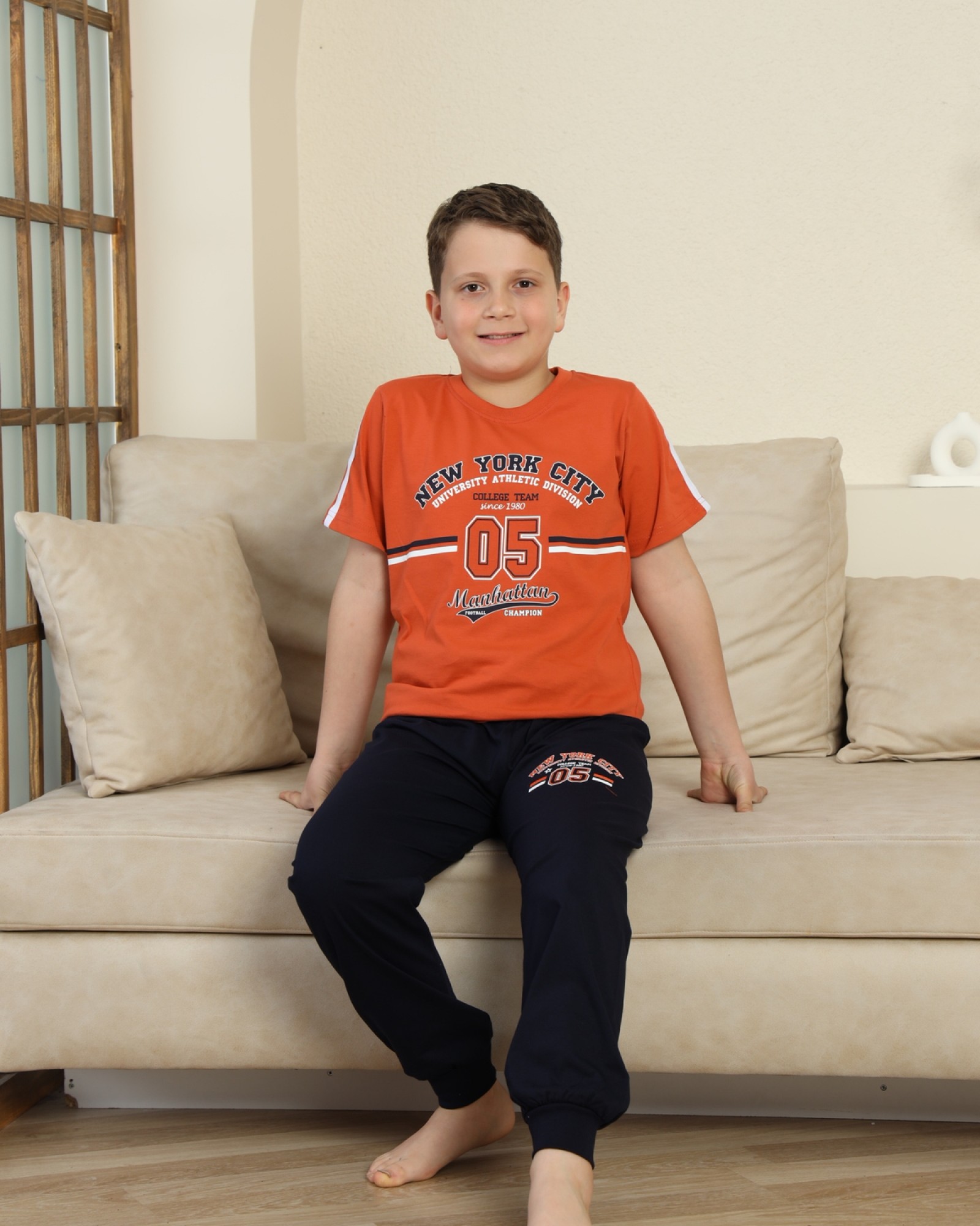 Erkek Çocuk %100 Doğal Pamuk Kısa Kollu Kaprili Pijama Takımı