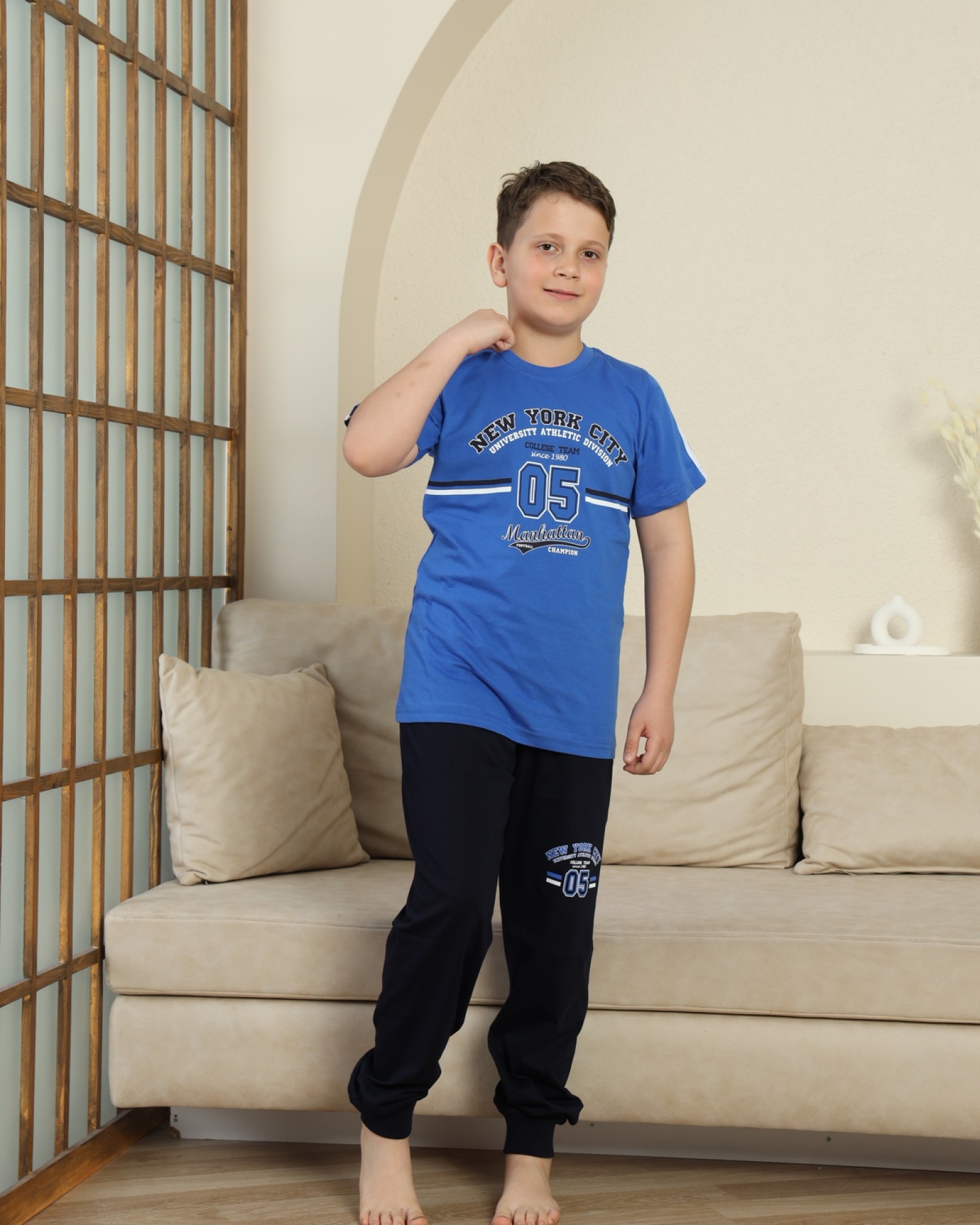 Erkek Çocuk %100 Doğal Pamuk Kısa Kollu Kaprili Pijama Takımı