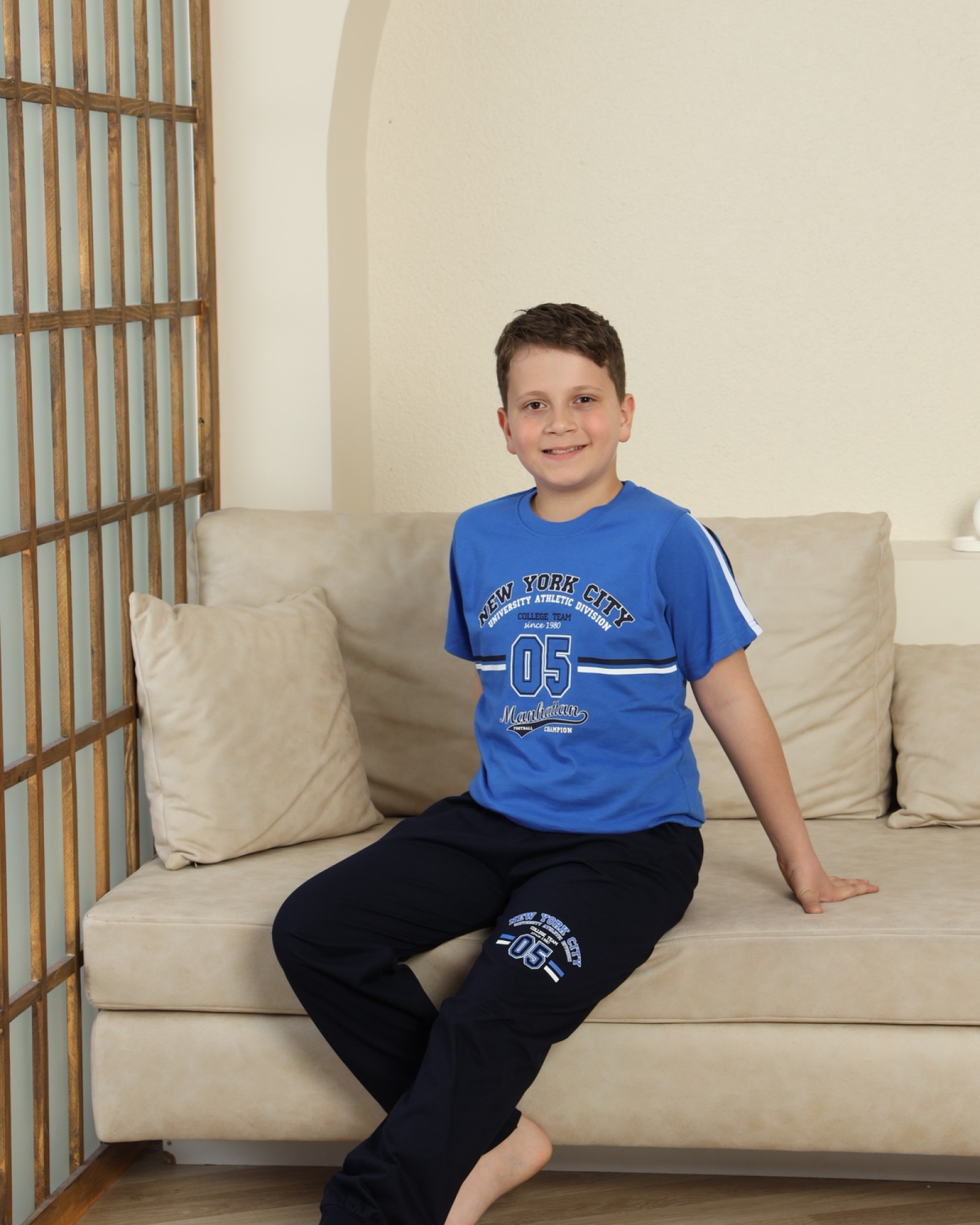 Erkek Çocuk %100 Doğal Pamuk Kısa Kollu Kaprili Pijama Takımı