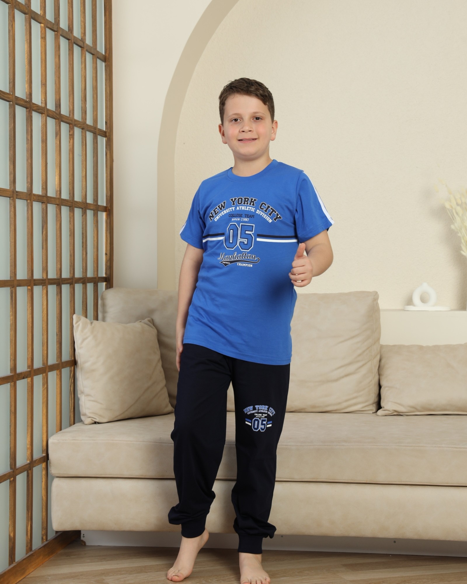 Erkek Çocuk %100 Doğal Pamuk Kısa Kollu Kaprili Pijama Takımı
