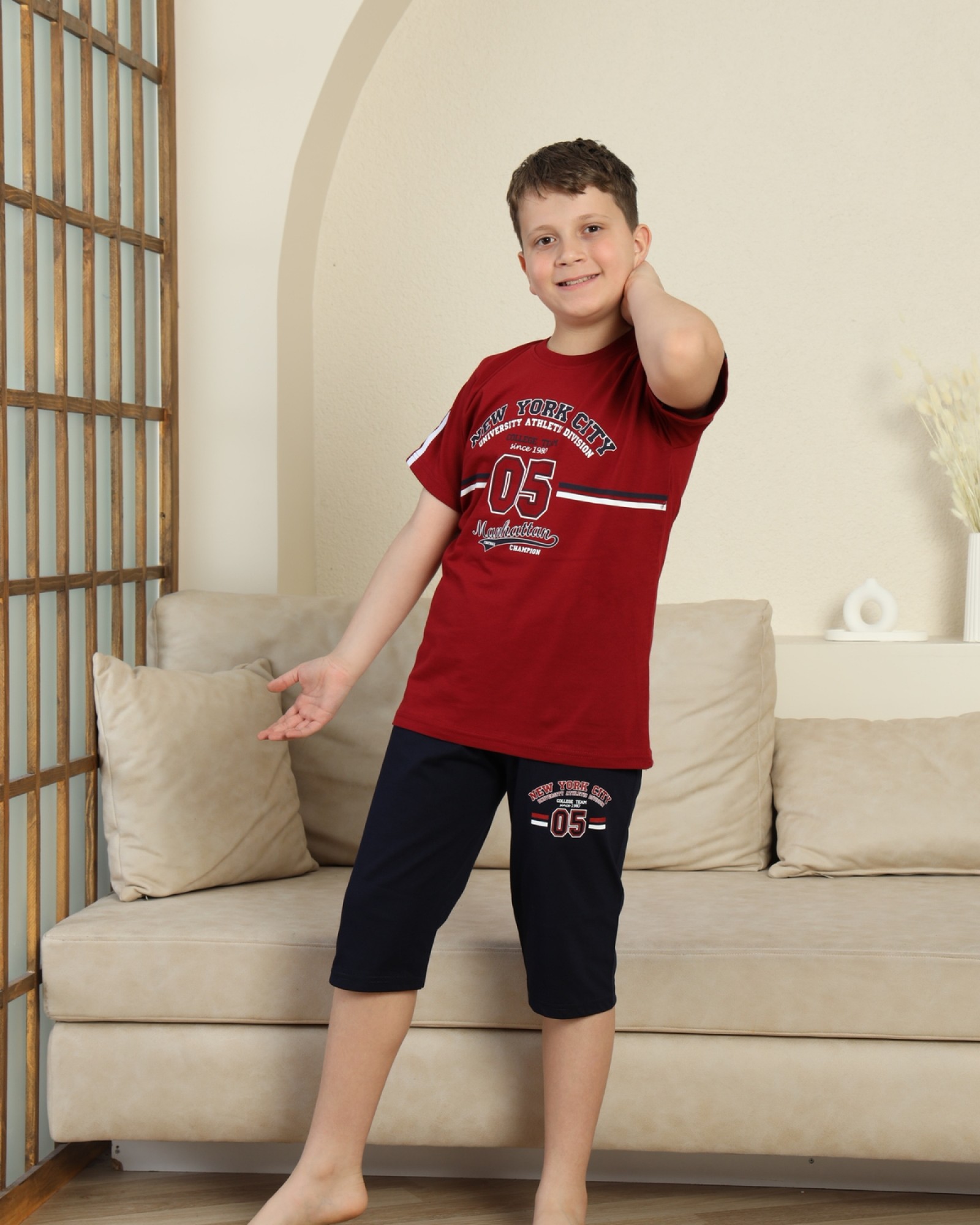 Erkek Çocuk %100 Doğal Pamuk Kısa Kollu Kaprili Pijama Takımı
