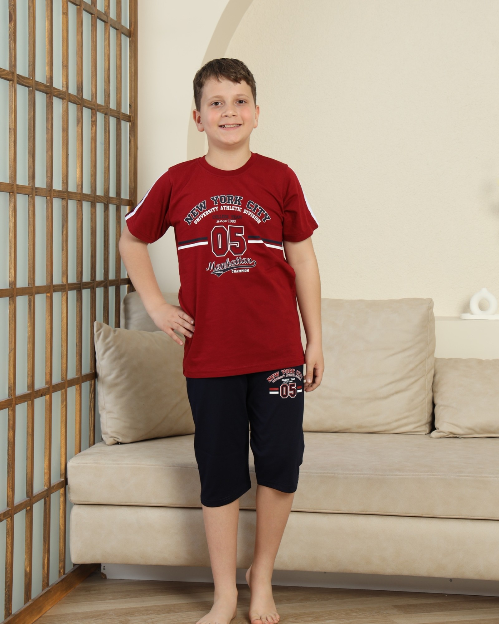Erkek Çocuk %100 Doğal Pamuk Kısa Kollu Kaprili Pijama Takımı