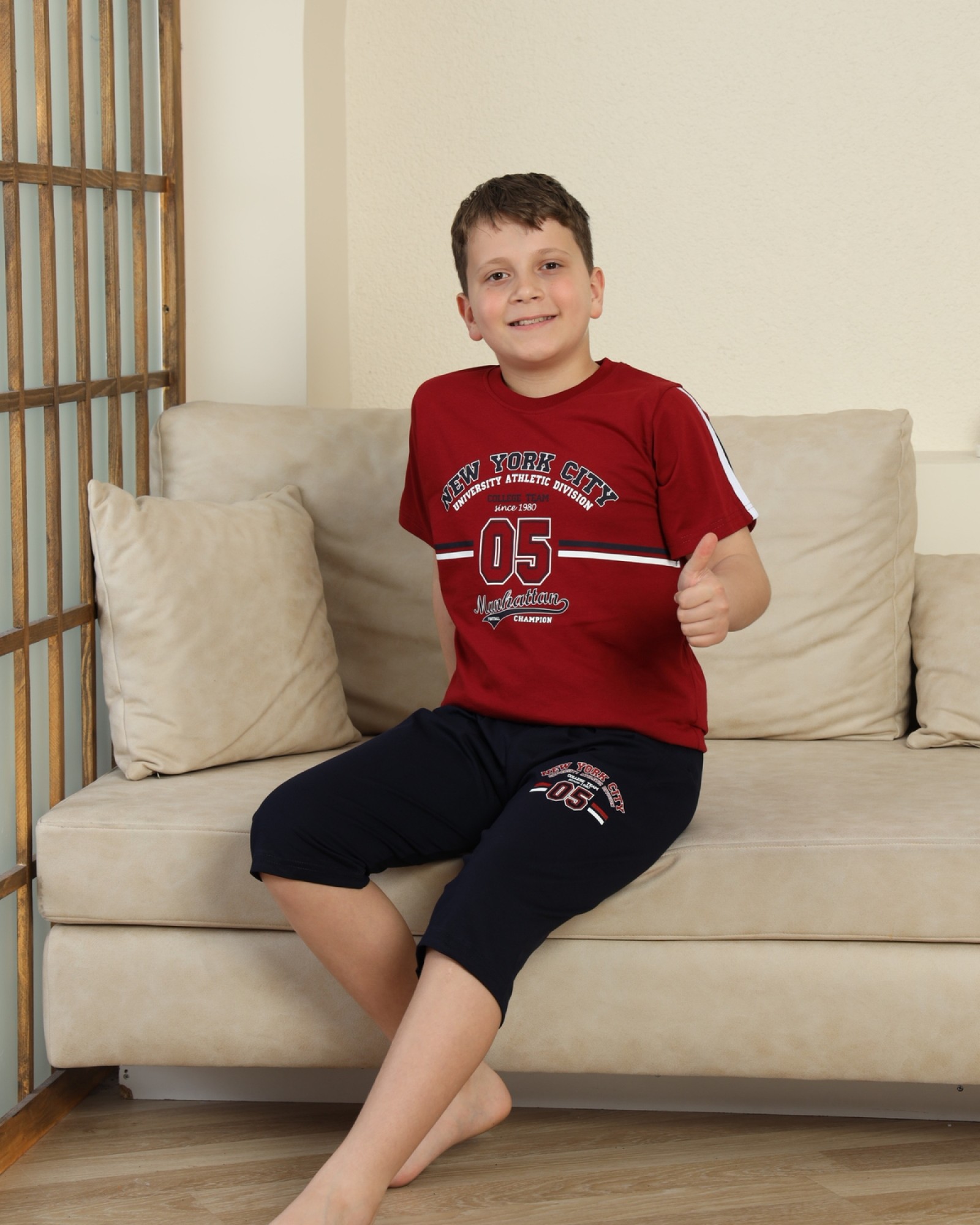 Erkek Çocuk %100 Doğal Pamuk Kısa Kollu Kaprili Pijama Takımı