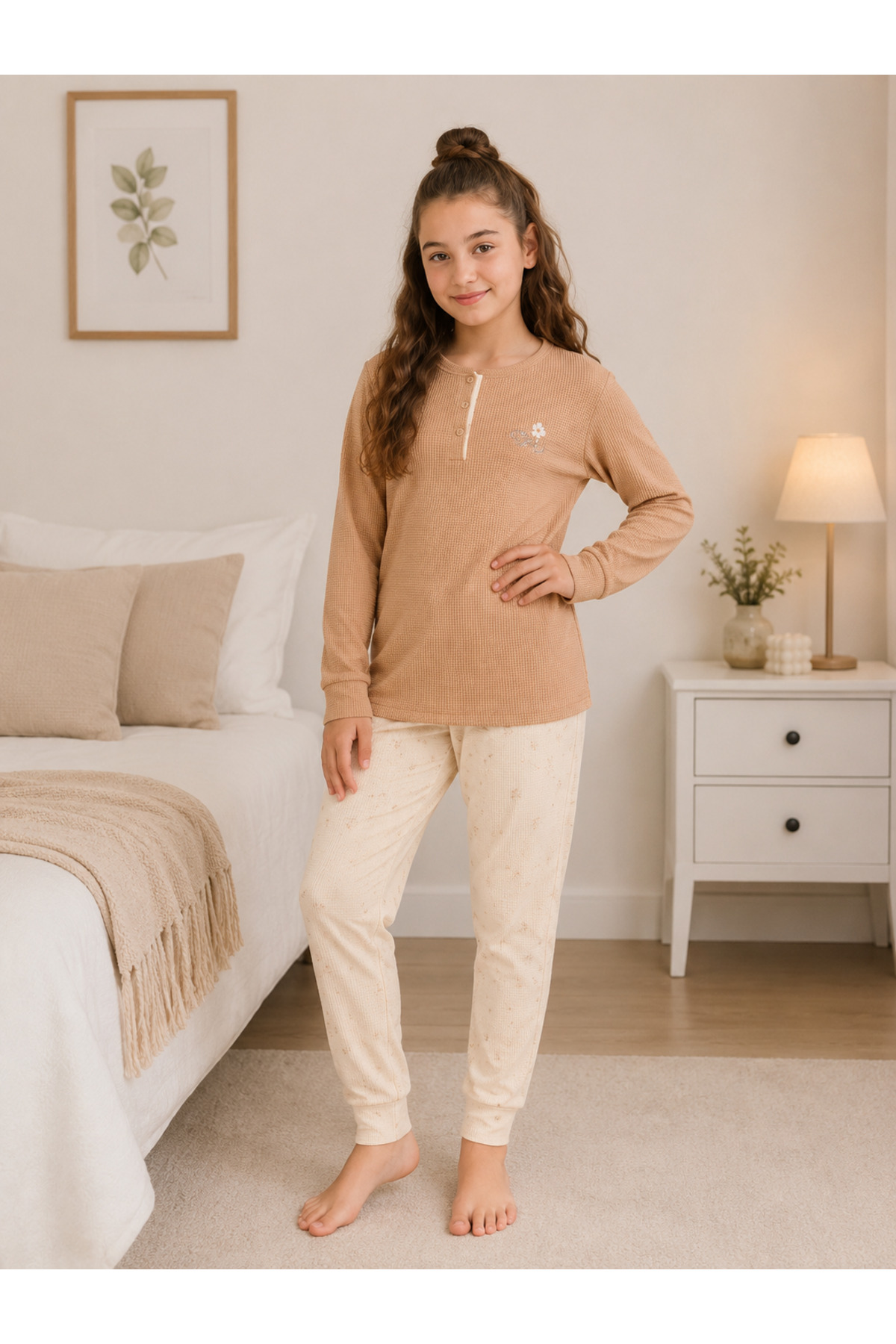 Kız Çocuk %100 Doğal Pamuk Manşet Paça Uzun Kollu Pijama Takımı