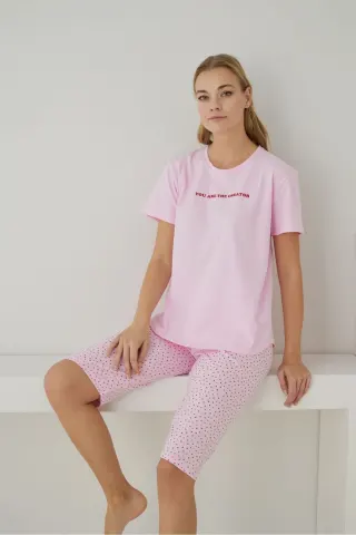 Kadın %100 Organik Pamuk Pudra Kalpli Kısa Kollu Kapri Doğal Pijama Takımı — PEMBE