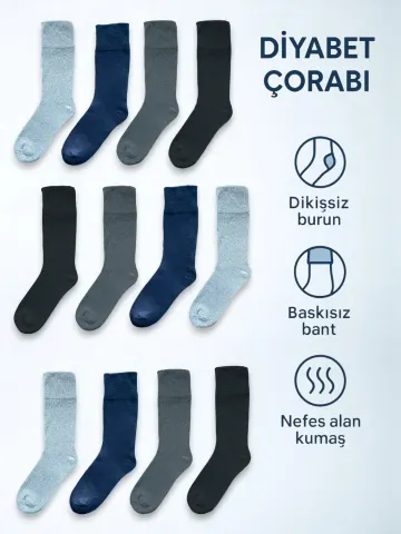 12'li Erkek Pamuklu Diyabet Hastaları Için Özel Tasarım Dikişsiz Yumuşak Soket Çorap — LACIVERT