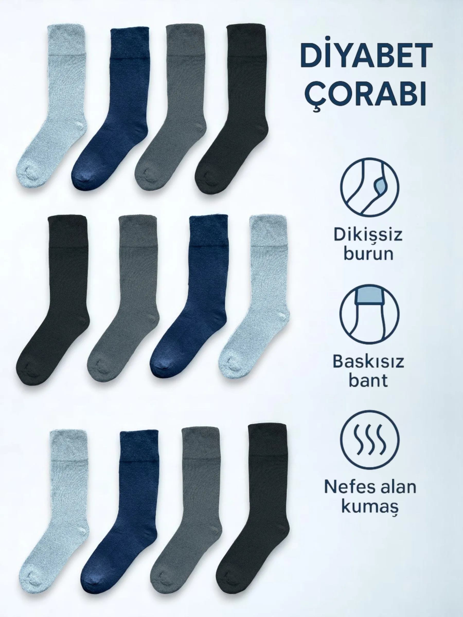 12'li Erkek Pamuklu Diyabet Hastaları Için Özel Tasarım Dikişsiz Yumuşak Soket Çorap