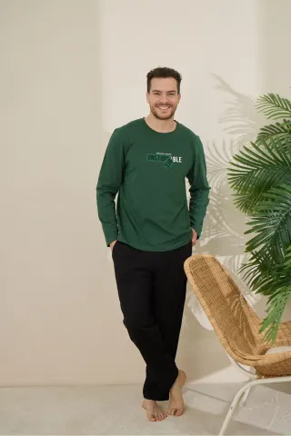 Erkek %100 Pamuk Uzun Kollu Baskılı Kaliteli Pijama Takımı — MAVI