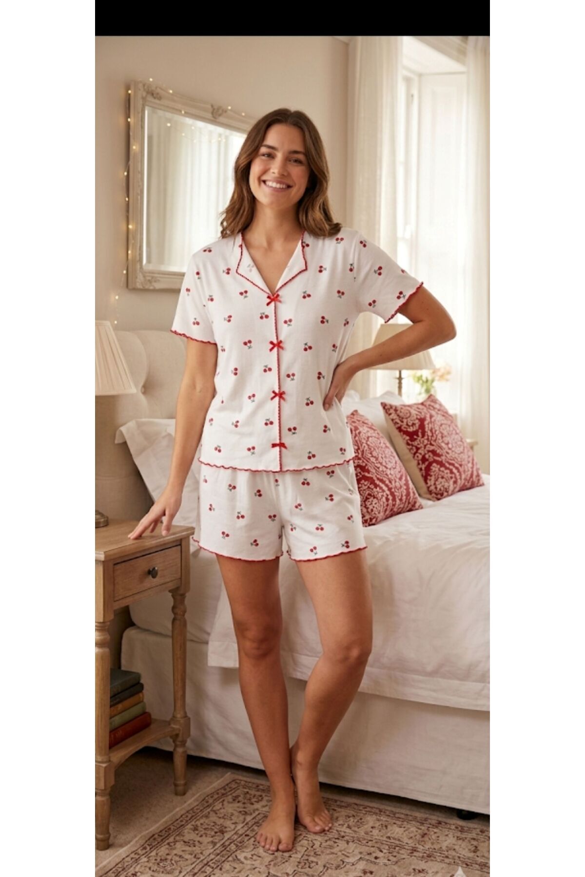 Kadın Kısa Kollu Şortlu Alaçatı Yazlık Kaliteli Pijama Takımı