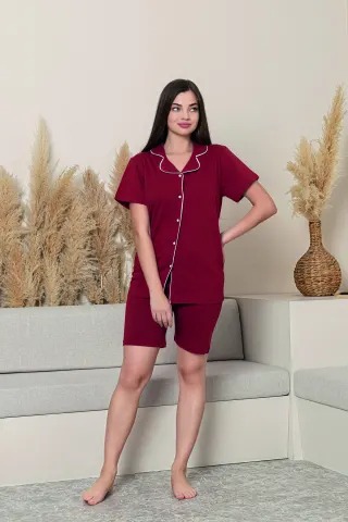 Kadın %100 Pamuk Biyeli Yüksek Kaliteli Gömlek Yaka Düğmeli Kısa Kollu Şortlu Battal Pijama Takımı — BORDO