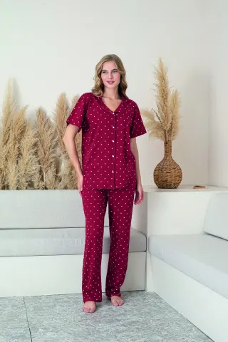 Kadın %100 Doğal Pamuk Kalpli Gömlek Yaka Kısa Kollu Kaliteli Pijama Takımı — KIRMIZI