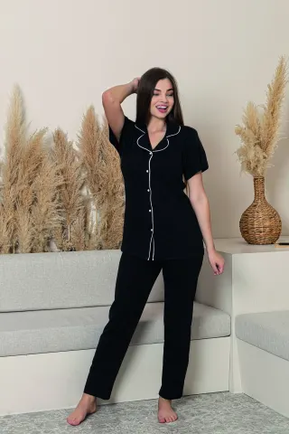 Kadın Battal %100 Pamuk Biyeli Yüksek Kaliteli Gömlek Yaka Düğmeli Kısa Kollu Battal Pijama Takımı — SIYAH