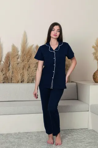 Kadın Battal %100 Pamuk Biyeli Yüksek Kaliteli Gömlek Yaka Düğmeli Kısa Kollu Battal Pijama Takımı — LACIVERT