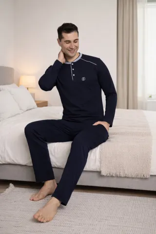 PREMIUM Erkek %100 Doğal Pamuk Biyeli Yüksek Kaliteli Düğmeli Uzun Kollu Pijama Takımı — LACIVERT