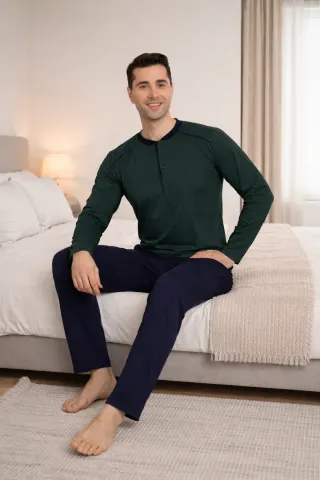 PREMIUM Erkek %100 Doğal Pamuk Biyeli Yüksek Kaliteli Düğmeli Uzun Kollu Pijama Takımı — HAKI