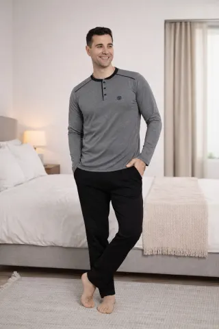 PREMIUM Erkek %100 Doğal Pamuk Biyeli Yüksek Kaliteli Düğmeli Uzun Kollu Pijama Takımı — GUMUS