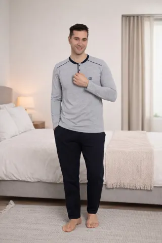PREMIUM Erkek %100 Doğal Pamuk Biyeli Yüksek Kaliteli Düğmeli Uzun Kollu Pijama Takımı — GRI