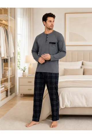 PREMIUM Erkek %100 Doğal Pamuk Ekoseli Yüksek Kaliteli Düğmeli Cepli Uzun Kollu Pijama Takımı — FUME