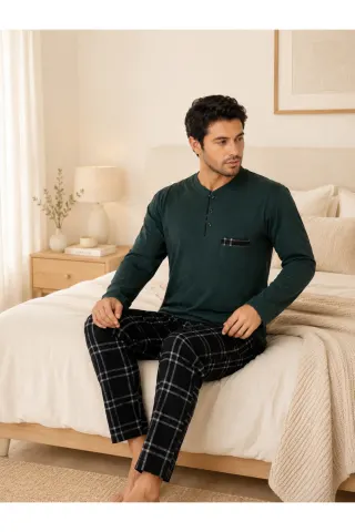 PREMIUM Erkek %100 Doğal Pamuk Ekoseli Yüksek Kaliteli Düğmeli Cepli Uzun Kollu Pijama Takımı — HAKI