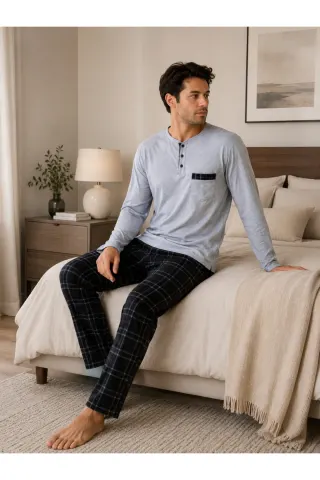 PREMIUM Erkek %100 Doğal Pamuk Ekoseli Yüksek Kaliteli Düğmeli Cepli Uzun Kollu Pijama Takımı — GRI