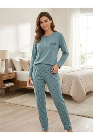 Kadın Modal Kumaş Puantiyeli Düğmeli Kaliteli Esnek Rahat Pijama Takımı — YESIL