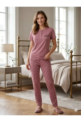 Kadın Modal Kumaş Puantiyeli Düğmeli Kaliteli Esnek Rahat Kısa Kollu Pijama Takımı — PEMBE