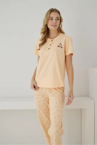 Kadın %100 Organik Pamuk Kısa Kollu Doğal Pijama Takımı — SARI