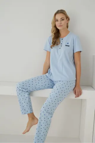 Kadın %100 Organik Pamuk Mavi Çiçek Desenli Kısa Kollu Doğal Pijama Takımı — MAVI