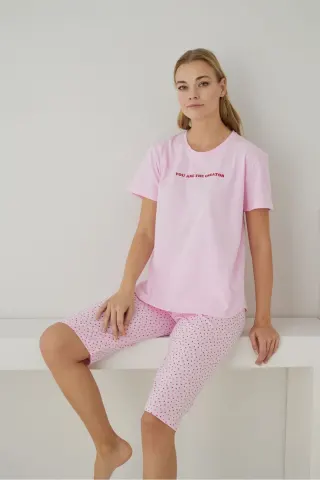 Kadın %100 Organik Pamuk Pudra Kalpli Kısa Kollu Kapri Doğal Pijama Takımı — PEMBE