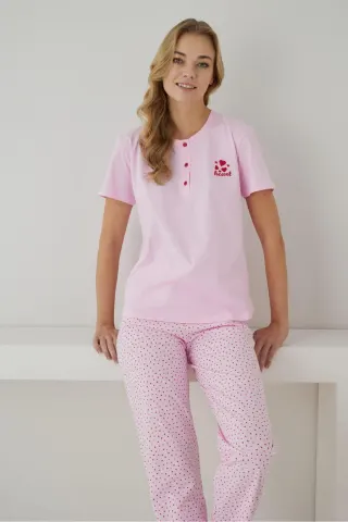 Kadın %100 Organik Pamuk Pembe Kalpli Kısa Kollu Doğal Pijama Takımı — PEMBE