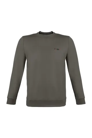 Erkek Ekru Sıfır Yaka Nakışlı Sweat — YESIL