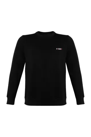 Erkek Ekru Sıfır Yaka Nakışlı Sweat — SIYAH