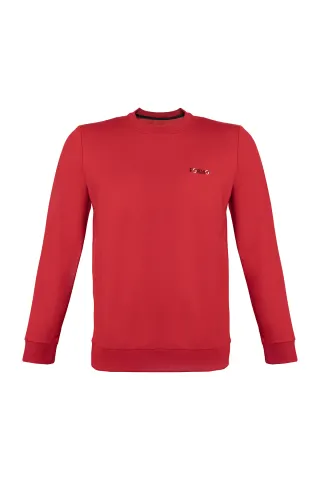 Erkek Ekru Sıfır Yaka Nakışlı Sweat — KIRMIZI